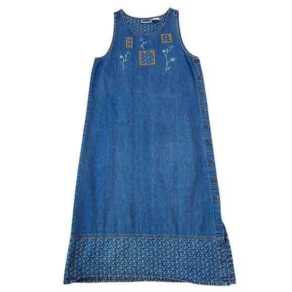 Vintage Erika & Co. Floral Embroidered Button Down Side Denim Maxi Dress (Sz S) - Picture 1 of 11